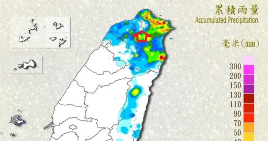 鄭明典說明，雨區中有一小塊地方幾乎沒有雨量，是受到大屯山系的屏障作用。（圖／中央氣象署）