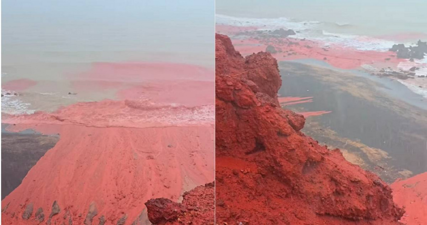 伊朗霍爾木茲島（Hormuz Island）熱門景點銀紅海灘（Silver and Red Beach）近日出現奇景，大雨後海灘和海水都被染成鮮紅血色，讓遊客都看傻。（圖／翻攝自Instagram／hormoz_omid）