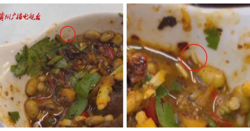 貴陽一間旋轉火鍋店被發現蘸料碗內出現數隻活蛆，引發消費者強烈反應。（圖／翻攝自貴州廣播電視台）