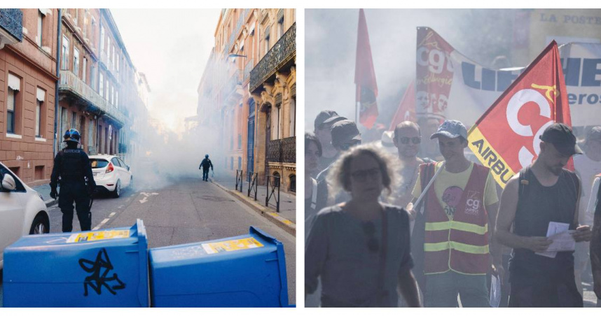 煙霧彈在示威人群中爆開，警方全副武裝壓制失控場面，法國多地爆發罷工潮。（圖／達志／美聯社，下同）