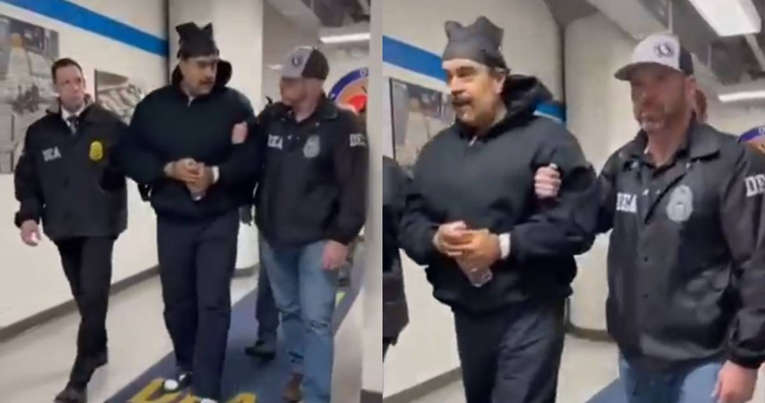 委內瑞拉總統馬杜洛遭上銬押解。（圖／翻攝自X／@RapidResponse47）