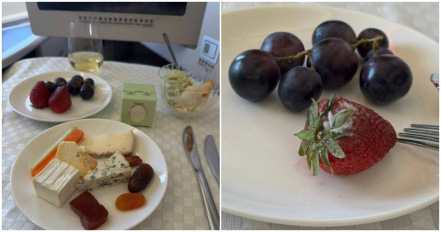 一名民眾表示，日前她搭機回台時，在飛機上提供的餐點中吃到了發霉的草莓，導致事後腹瀉了一整天。她當下對空服員反映，並提出食安方面的疑慮，但從現場的座艙長到事後的客服聯繫，不是要送她美金優惠券，就是要給她「形象禮品」，卻對於如何提升食品安全的管理隻字未提，讓她氣憤不已。（圖／翻攝爆料公社）