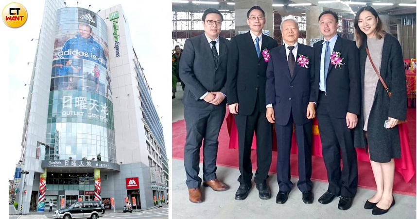 維春開發在台中、台北皆有商場與飯店的經營，右圖為大直英迪格與春大建築上樑典禮，大家長楊秀光（中）率二代楊國鼎（右二）等三子一女喜迎新版圖。（圖／報系資料庫）