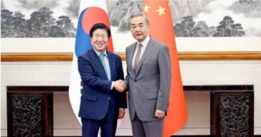 南韓前國會議長樸炳錫（左）、大陸外交部長王毅（右）。（圖／翻攝自中國大陸外交部）