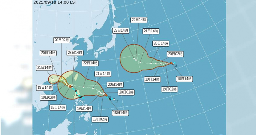 目前的西北太平洋上堪稱群魔亂舞，今天一天內有3個颱風生成，包括下午形成的輕颱「米塔」，以及晚間生成的「樺加沙」和「浣熊」。（圖／翻攝中央氣象署）