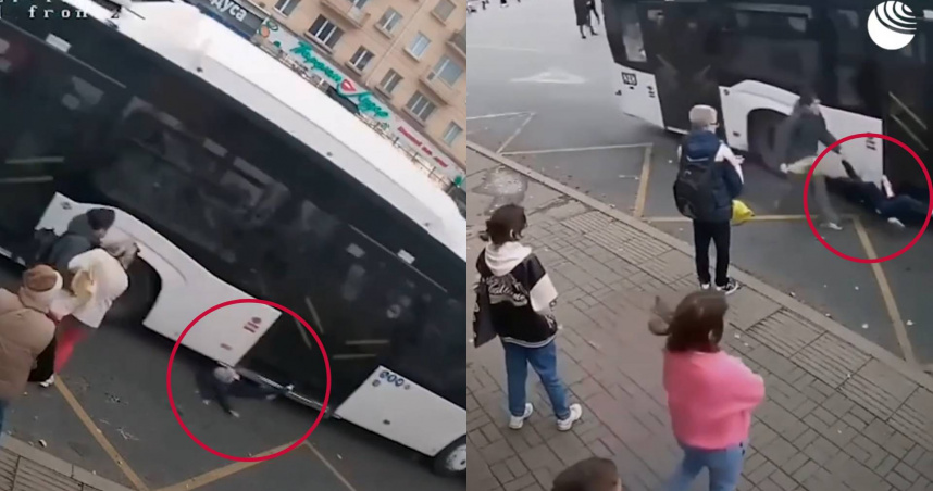 男童被公車門夾住腿後，遭到拖行數公尺。（圖／翻攝自ria.ru）
