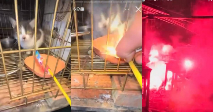 新竹關西某男國中生，將沖天炮塞進貓咪的鐵籠裡點火 。（圖／翻攝自Threads）