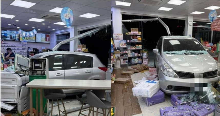 彰化1間超商遭車闖入，造成玻璃自動門碎裂幸無傷亡，疑駕駛錯踩油門惹禍。（圖／翻攝大員林生活圈臉書社團）