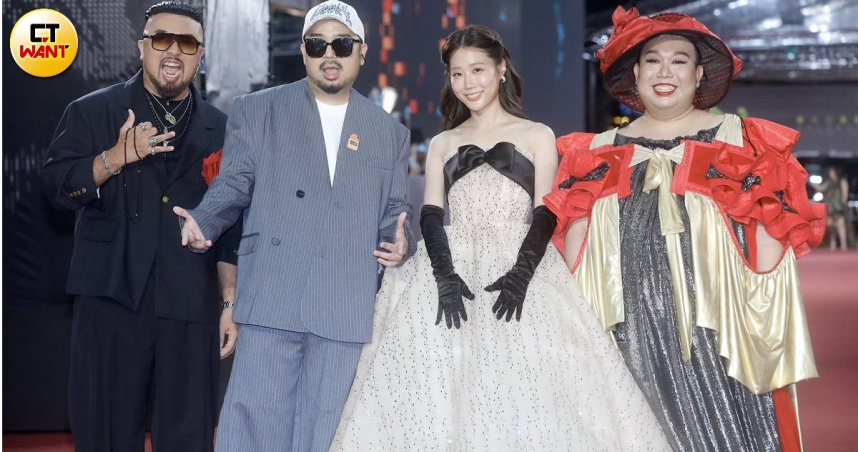 阿達（左二）、美麗本人（左）攜手與節目評審娘娘（右）、韓勾ㄟ金針菇（右二）等人盛裝亮相星光大道。（圖／本刊攝影組）