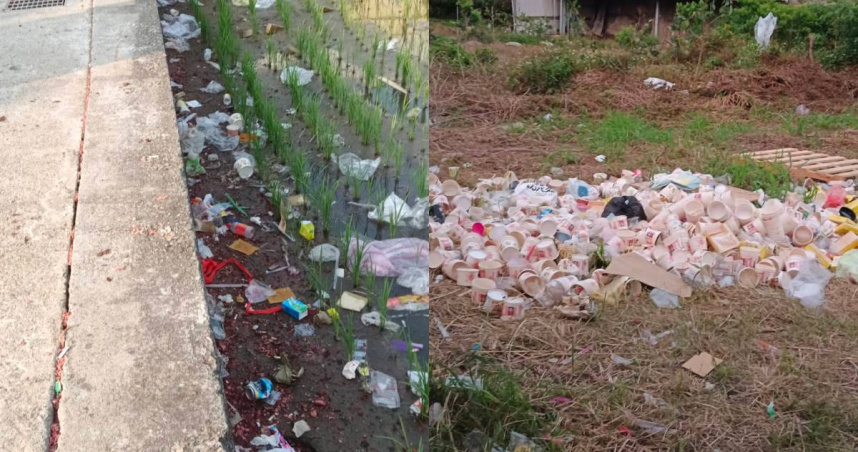 田裡出現大量紙碗、塑膠瓶等垃圾。（圖／翻攝自臉書／白沙屯媽祖粉絲團公開社團）