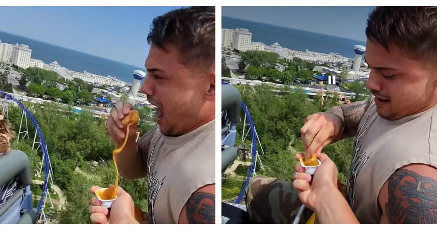 美國網紅艾倫費雷爾將雞塊藏進褲襠帶上雲霄飛車，最終遭六旗樂園終身封殺。（圖／翻攝自IG，Allen Ferrell，下同）