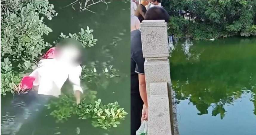 大陸海南海口人民公園日前發生一起離奇事件，有路人注意到公園內東湖湖面上有一名女子，不少人以為是浮屍，沒多久女子竟自行游回岸邊，讓在場眾人看傻。（圖／翻攝自微博／人民資訊-海南頻道）