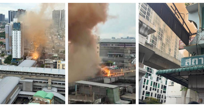 曼谷MRT陶瓷站附近軌道突然起火，現場竄出猛烈火光及濃煙。（圖／翻攝自臉書，Fire & Rescue Thailand）