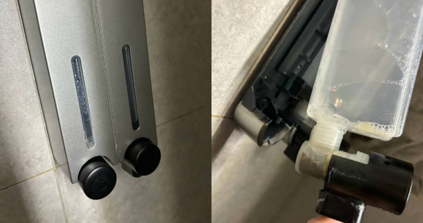 有些人為了節省空間，或是希望家裡廁所像飯店一樣，因此會用壁掛洗髮乳容器。（圖／翻攝自Dcard）