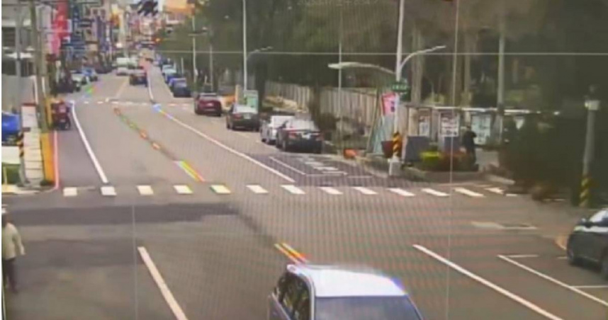 苗栗地方法院南側人行道發生事故，1顆6樓高的南洋杉突斷裂倒地，險些砸中行人。（圖／翻攝畫面）