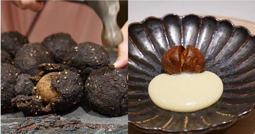 包覆在生長土中的「土壤 馬鈴薯」先烤再炸，帶有焦香且口感綿密，搭佐以帶有草本氣息的阿根廷奶油製作的澄清奶油。（圖／魏妤靜攝）