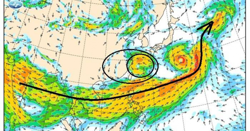 鄭明典說明850百帕的風場圖，底色是風速，粗黑線加箭頭是「季風的強風帶由北印度洋直通西北太平洋」。（圖／翻攝鄭明典臉書）