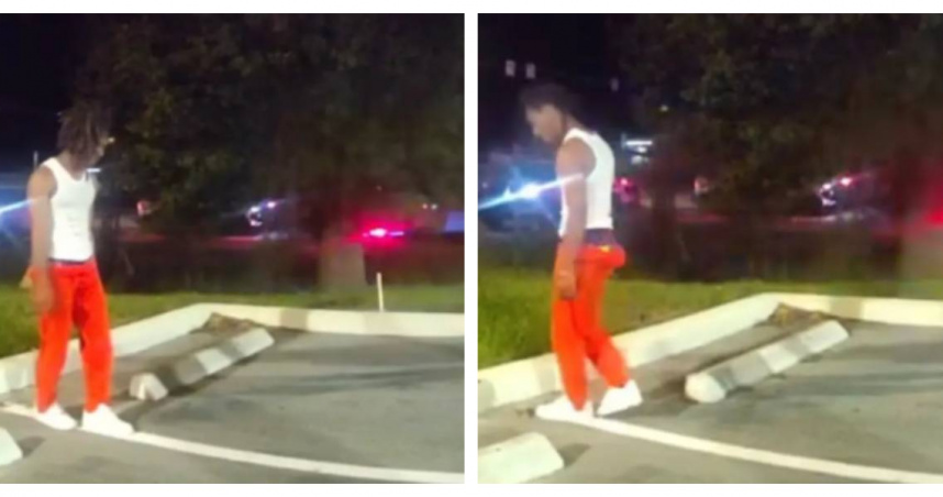 佛州少年吉米葛洛佛（Jimmie Glover）穿著囚犯服裝，於萬聖節清晨在停車場接受警方酒測。（圖／翻攝自Port St. Lucie Police Dept.）