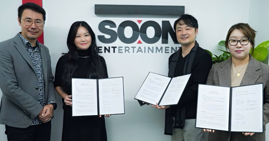 台灣 POPLINE 與韓國內容與行銷公司 SOON ENT 及策略夥伴 HUEXIM簽署合作備忘錄.左至右，POPLINE創辦人賴勇坤、連珮如 SOON ENT CEO朴昶宇  HUEXIM CEO 河普伊。（照片提供／SOON ENT）