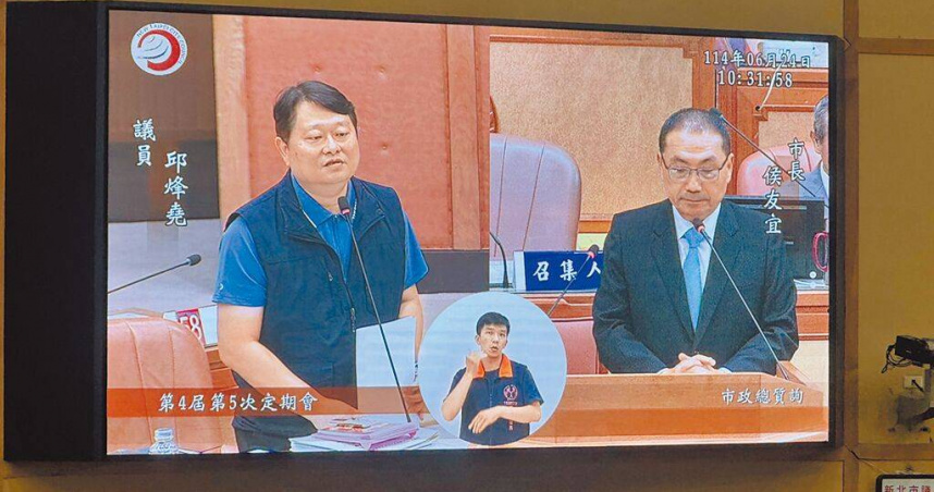 新北市議員邱烽堯（左）在議會個人總質詢指出，比特犬隻攻擊造成民眾受傷事件頻傳，其他國家都有明定的嚴格罰緩或處罰，呼籲新北市應該也要有類似作為。新北市長侯友宜（右）對此回應，必須要有預防性措施，沒有做就會開罰。（圖／中國時報柯毓庭攝）