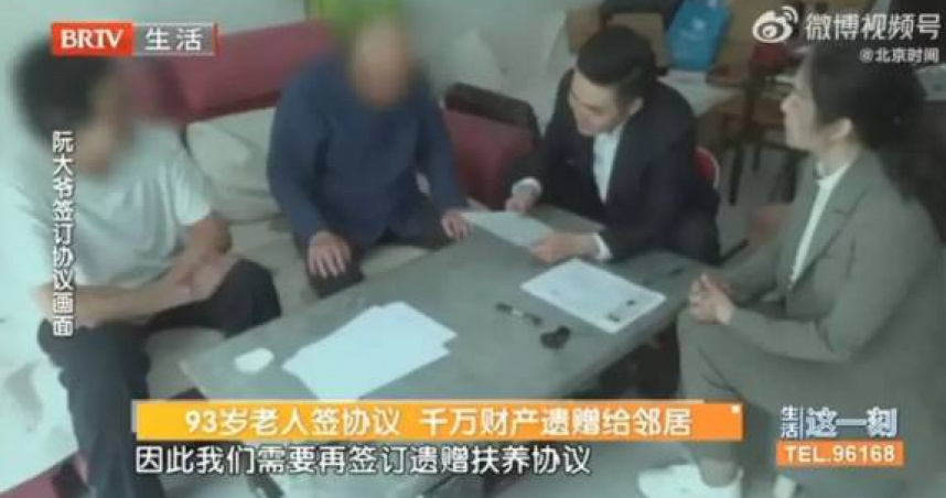 北京93歲阮姓老翁生前簽署遺贈扶養契約，身後財產歸屬引發家屬爭議。（圖／翻攝自微博，北京時間）