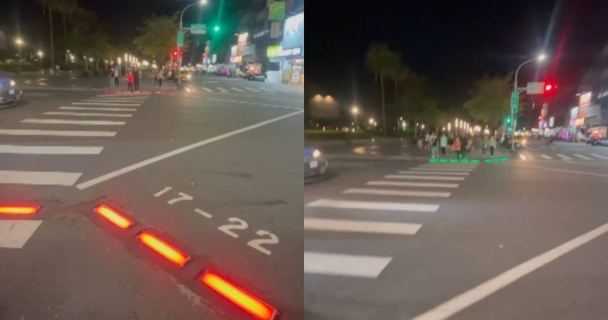 嘉義市近期在行人穿越道兩側地面嵌入LED燈條，當行人號誌為綠燈時，燈條會同步亮綠。（圖／翻攝Threads）