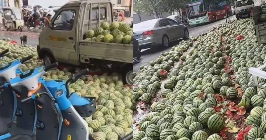 網友拍攝的影片顯示，該名攤販的西瓜在馬路上一字排開，占據了半邊馬路。（圖／翻攝自大眾日報）