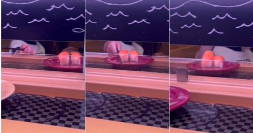 網友在知名迴轉壽司店目睹有孩童將手伸至輸送帶附近，將筷子檔住輸送帶上的一盤鮭魚壽司。（圖／翻攝自「爆怨公社」臉書）