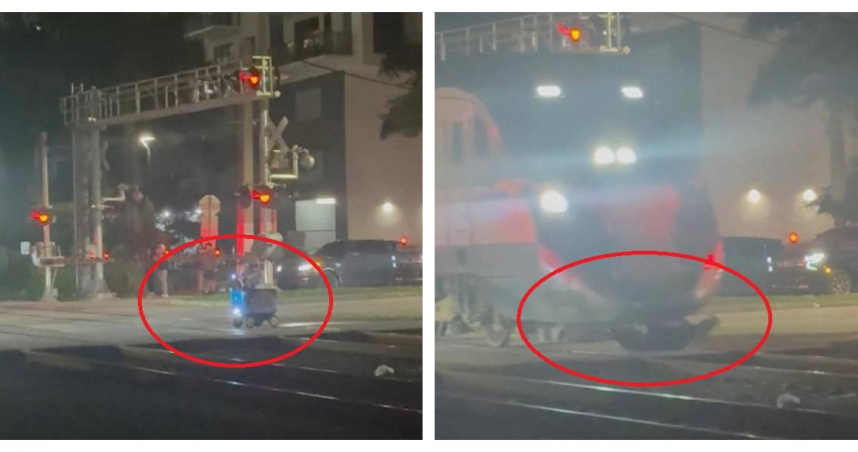 Uber Eats自動外送機器人在邁阿密遭通勤列車撞擊，當場碎裂，事故全程被目擊民眾拍下瘋傳。（圖／翻攝自NBC News）
