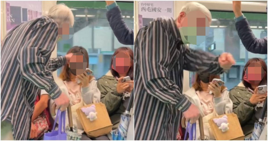 一名白髮老翁搭乘台中捷運時，要求一名年輕女乘客讓座，儘管其他乘客告知，該名女子身體不適，但老翁依舊不依不饒，破口大罵她「教育失敗」、「父母以妳為恥」，影片曝光引起熱議。（圖／翻攝自爆料公社）