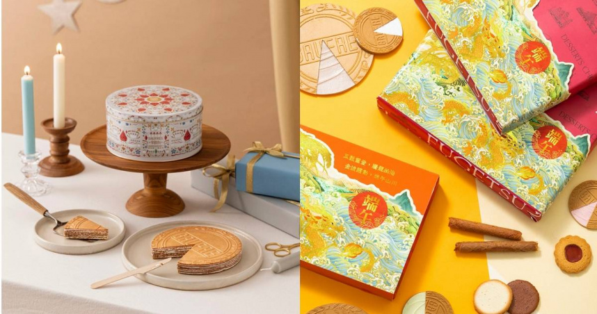 限量「綺慶法蘭酥禮盒」（左，980元／3入）即日起接受官網與快閃店預購，神戶風月堂同時推出端午限定「緋紅綜合禮盒」系列。（圖／神戶風月堂提供）