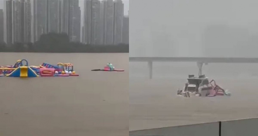 廣東清遠北江水上娛樂運動中心2項水上設施被沖走。（圖／翻攝微博）