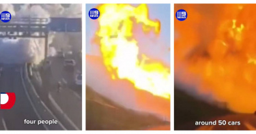 聖地牙哥倫卡區高速公路發生油罐車翻覆爆炸，現場火勢猛烈，濃煙直竄高空。（圖／翻攝自澳洲9 News）