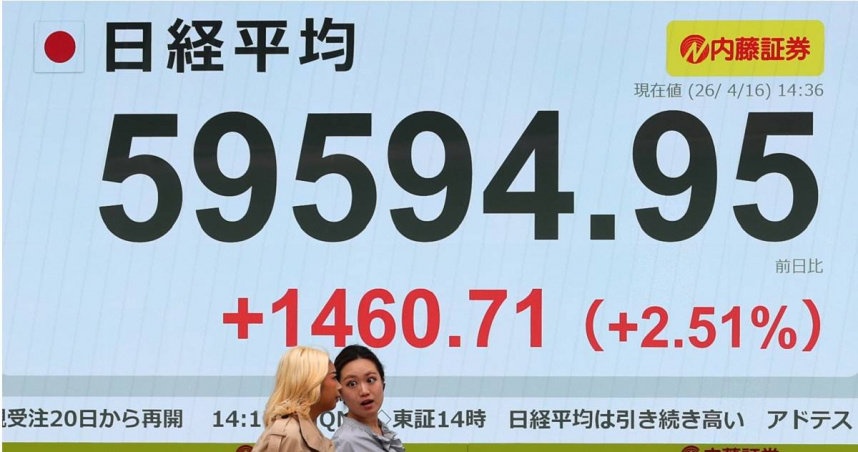 日股「日經平均指數」（日經225）今（23日）稍早首度突破6萬點大關，但隨後又回吐早盤漲幅。（圖／達志／美聯社）