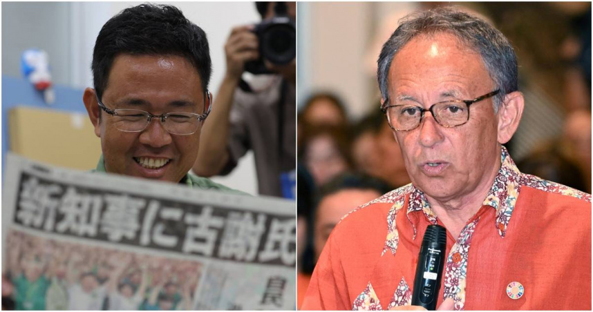 日本首相高市早苗政府支持的前那霸市副市長古謝玄太（左），成功擊敗尋求連任的玉城丹尼（右），當選沖繩縣知事。（合成圖／達志／美聯社）