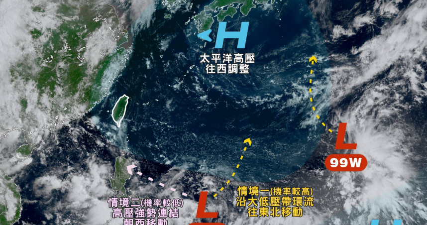 目前西北太平洋上有一個大低壓帶，當中包含兩個熱帶擾動。（圖／翻攝自臉書／台灣颱風論壇｜天氣特急）