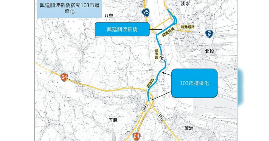 關渡新橋設計肩負分流車流、疏解淡北交通的重大功能，新北市政府2025年底前將完成「淡水河兩岸幹線路網平衡可行性策略評估」報告，並同步推動103市道優化，作為橋梁啟用後的重要配套。（圖／新北市新工處提供／中國時報張鎧乙新北傳真）