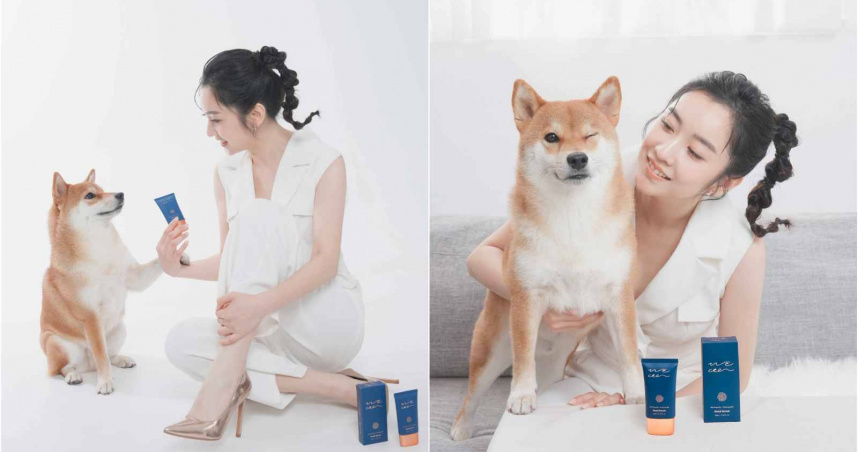 主播李佳玲為了愛犬威力創立品牌「wecee」，母子一起入鏡合力拍攝宣傳照。（圖／wecee提供）