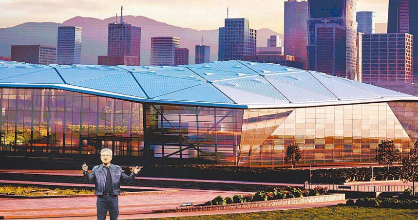 輝達亞太總部進駐北士科園區T17、T18，因地上權爭議面臨卡關。圖為輝達執行長黃仁勳，其身後投影片為總部設計圖。（圖／本報資料照片）