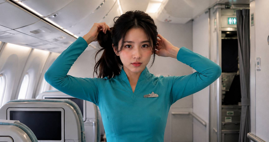 空姐把頭髮放下，可能代表機艙已經進入緊急狀況的準備程序。（圖／AI示意圖）