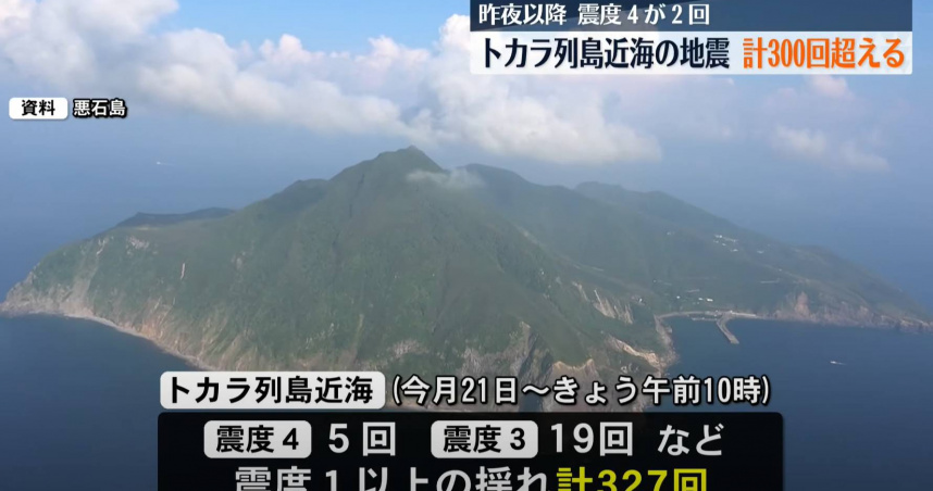 吐噶喇列島自6月21日起群發地震頻繁，短短三天已累積超過300起地震。（圖／翻攝自鹿児島ニュース - KYT鹿児島読売テレビ）
