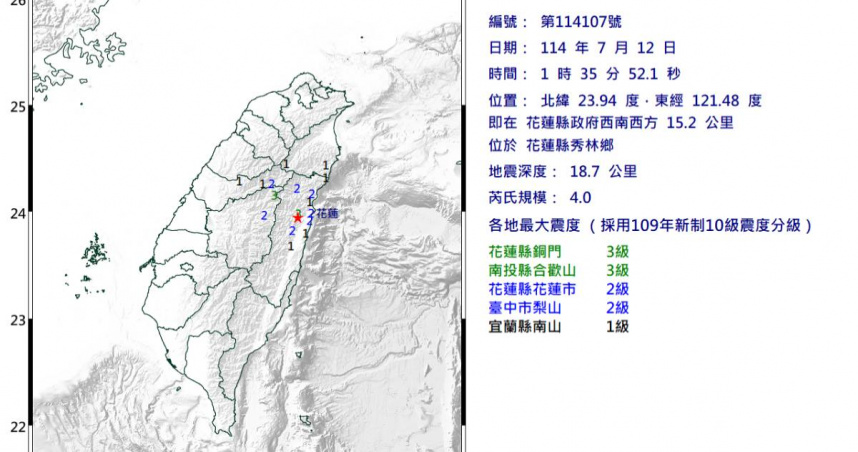 凌晨花蓮地牛翻身。（圖／氣象署）