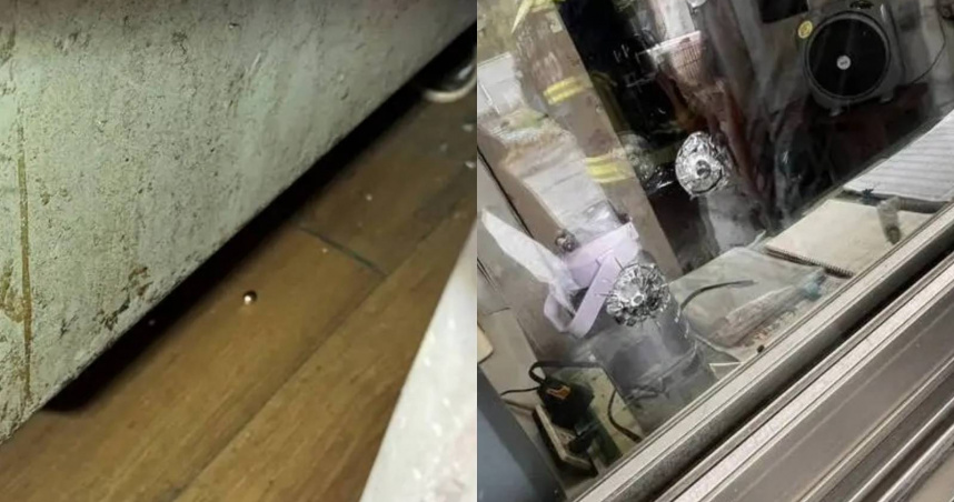 台中南屯拖吊場警衛室玻璃門遭槍擊留下彈孔，現場可見破損痕跡。（圖／翻攝畫面）