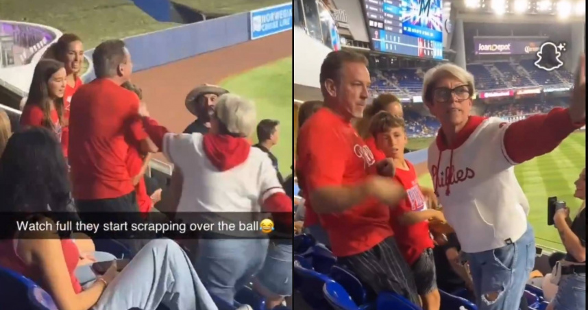 女球迷與父子倆爭奪球員的全壘打球。（圖／翻攝自社群網站X @barstoolsports）