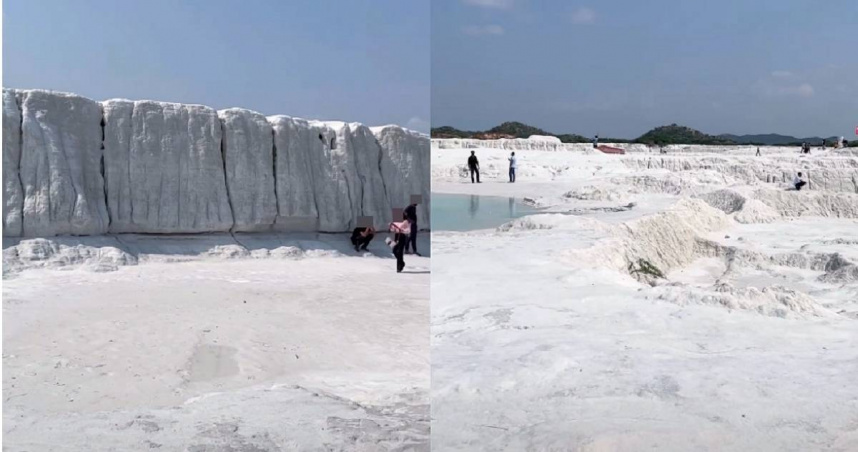 印度西北部拉賈斯坦邦有一處區域出現如冰天雪地的景象，成為近年人氣打卡景點，但有專家指出，那些白茫茫一片的東西其實是大理石廢料，可能藏致癌物。（圖／翻攝自Instagram／myyellowplate）