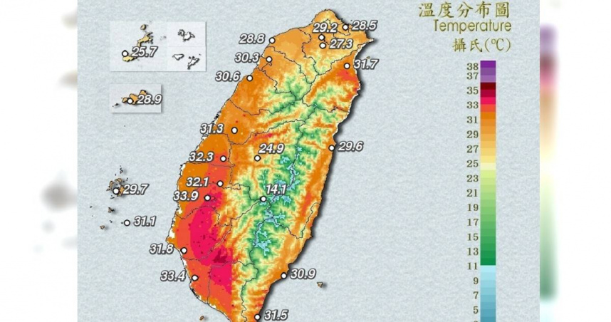 今（18）日全台天氣晴朗炎熱。（圖／翻攝自氣象署）