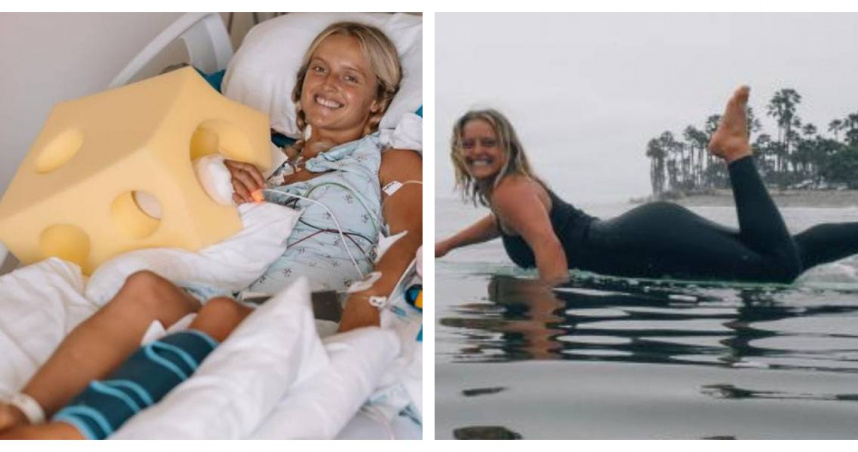 加州衝浪教練艾莉亞．博伊德在醫院病床上微笑，手上包覆厚重繃帶，仍需長時間復健。（圖／取自Instagram）