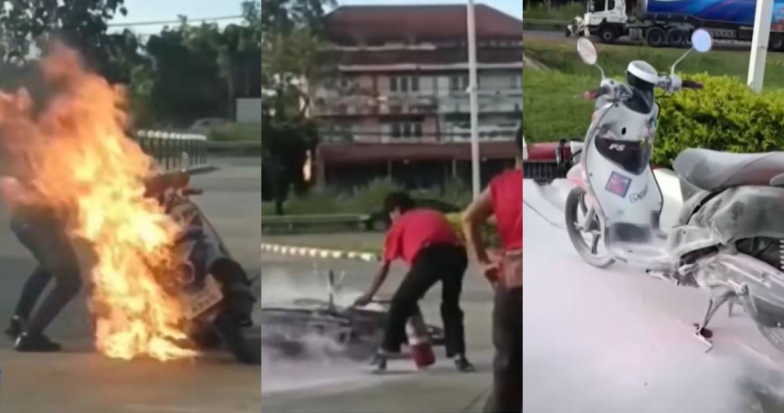 泰國一名婦女不顧汽油外洩發動機車引擎，導致火燒車事故。（圖／翻攝自YouTube／ข่าวช่อง8）