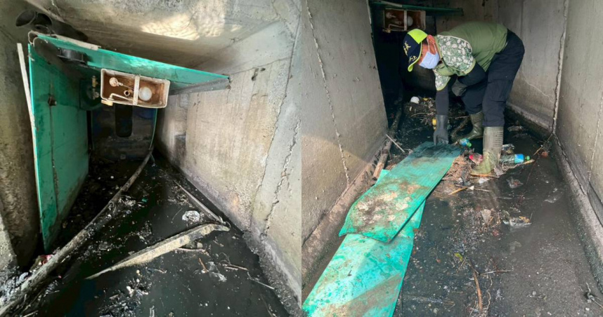 清潔人員到場清理時，竟發現卡住水流的竟是一整座流動廁所。（圖／翻攝自臉書，林緗亭，需要您相挺！）