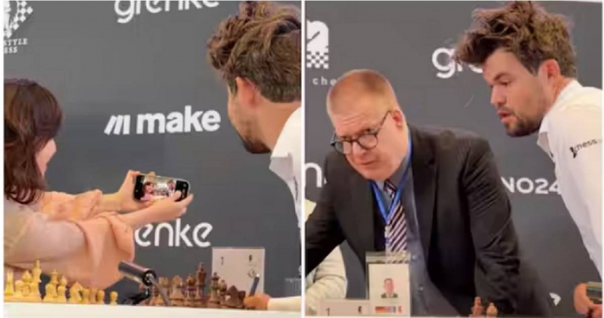 西洋棋世界排名第一的卡爾森與對戰的18歲女棋手努爾曼合影後，隨即向裁判檢舉對方使用手機。（圖／翻攝自X／ChessbaseIndia）